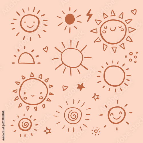 Funny vector doodle suns. Hand drawn set.