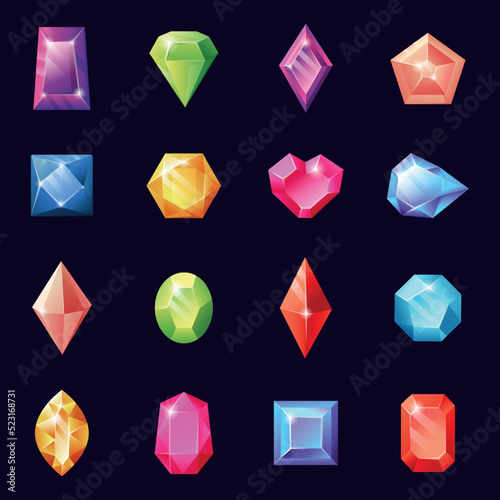 Crystal game precious gems. Ice shiny diamond pieces. Glass stone prism. Emerald and sapphire. Jewel brilliant shapes. Gaming asset. Ruby and rhinestone. Vector realistic gemstones set