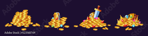 Game treasure. Crystal pirate loot. Cartoon crown and cup. Gold treasury. Coins or precious gems heaps set. Shiny jewelry. Filibuster sword in golden pile. Vector illustration background
