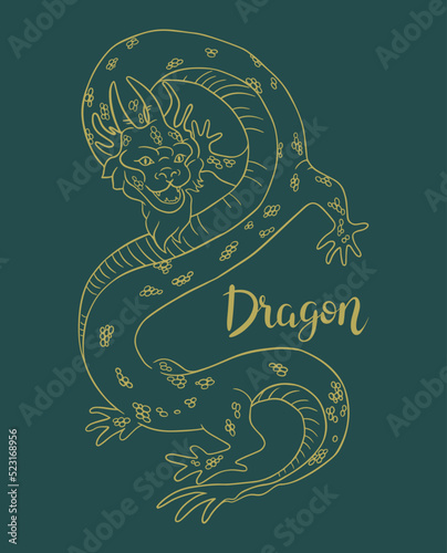 Contour dragon sketch with hand lettering. Line art vector illustration of dragon. Chinese Zodiac animals concept