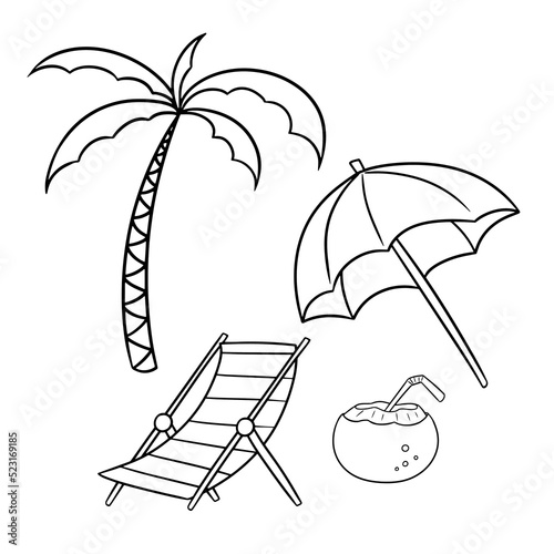 Monochrome set of pictures, A set of pictures for relaxing on the beach, vector cartoon