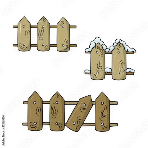 Set of icons, wooden brown fence, fence with a broken part, vector cartoon