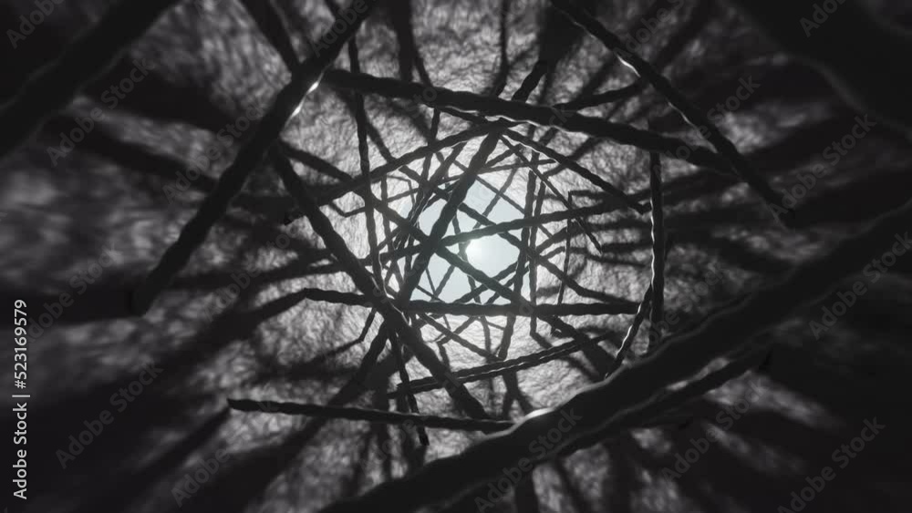Creepy dark 3D shaft, camera follows the light, surrounded by mysterious threads blocking the way out, 4k 3D animation