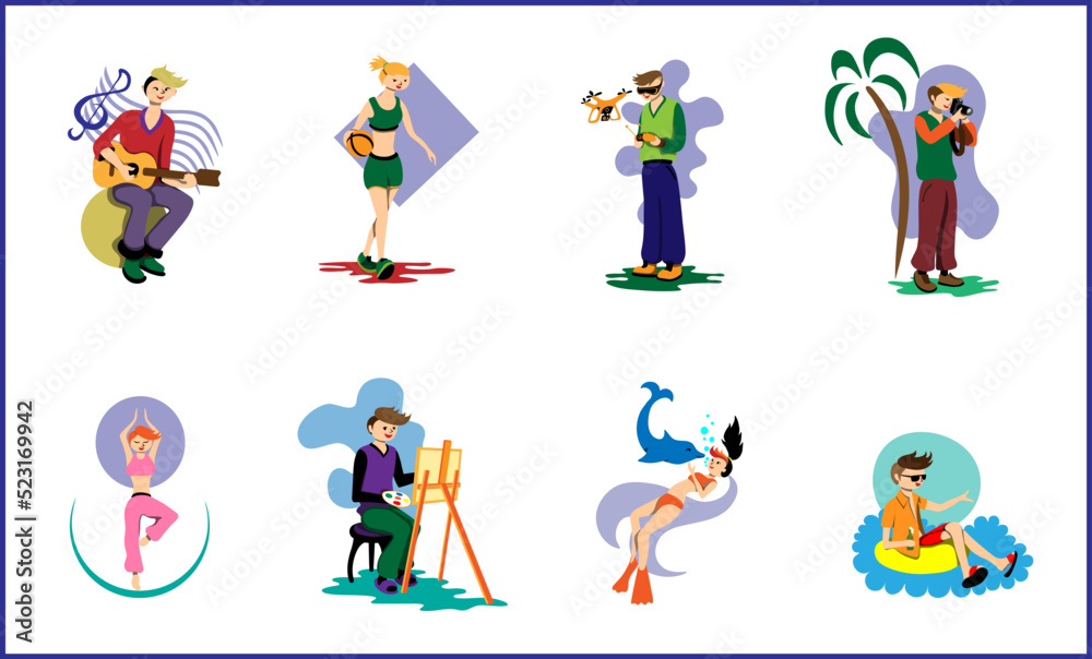 Lifestyle, concept illustration. Young people, men and women, are engaged in their hobbies. Vector illustration