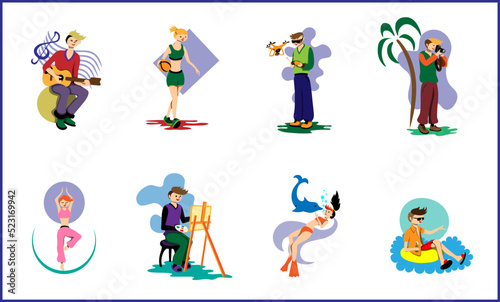 Lifestyle  concept illustration. Young people  men and women  are engaged in their hobbies. Vector illustration