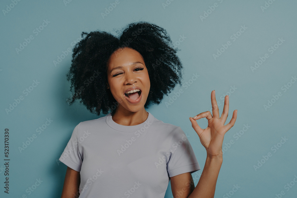 Pretty girl of mixed race appearance showing ok gesture with fingers and winks Pretty girl of mixed race appearance showing ok gesture with fingers and winks