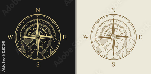 Gold luxury compass with mountain background vector illustration