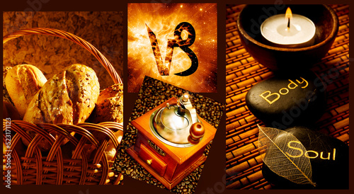 zodiac symbol Capricorn and various pictures with the characteristic and they typical color of each zodiac sign like astrology concept and astrological image