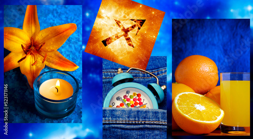 zodiac symbol Sagittarius and various pictures with the characteristic and they typical color of each zodiac sign like astrology concept and astrological image