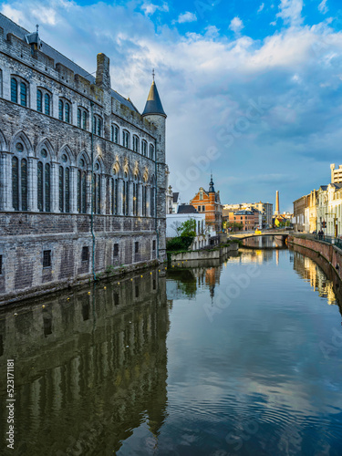 Historic medieval building on Leie river in Ghent, Belgium