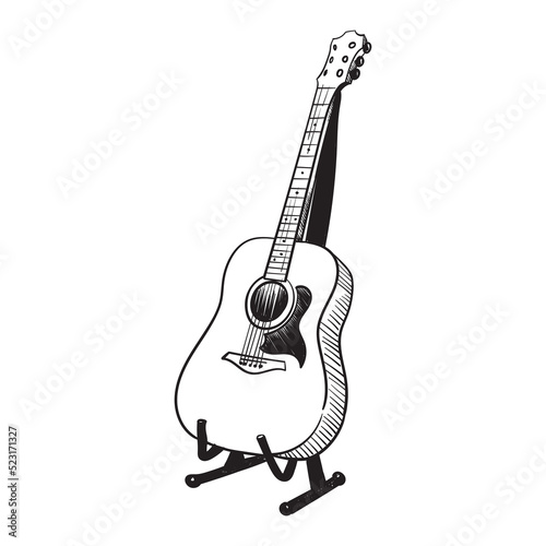 Guitar musical instrument on a stand. Freehand vector sketch.