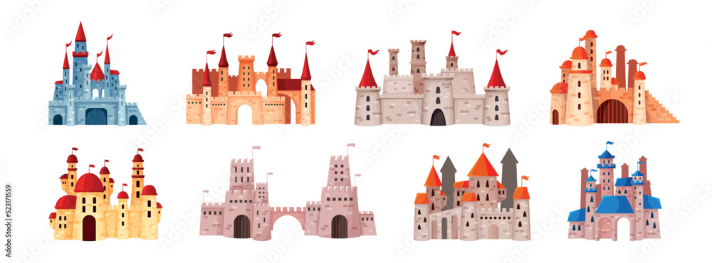 Cartoon palace and fortress. Old kingdom. Fairy tale architecture set. Kings buildings. Castle with bridges or towers. Medieval princess. Knights fort. Vector fantasy houses collection