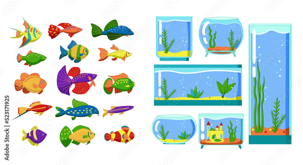 Aquarium fish and Glass Aquarium collection isolated on white background. Cute cartoon vector illustration set. Aquarium fish and Glass Aquarium collection isolated on white background. Cute cartoon vector illustration set.
