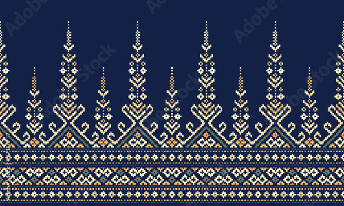 Ethnic Patterns. Cross Stitch Embroidery. Native Style. Traditional Design for texture, textile, fabric, clothing, Knitwear, print. Geometric Pixel Horizontal Seamless Vector. Blue, White, Dark Green. photo