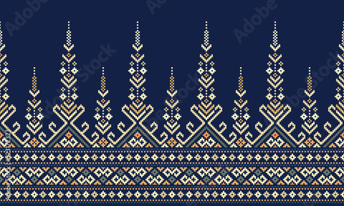 Ethnic Patterns. Cross Stitch Embroidery. Native Style. Traditional Design for texture, textile, fabric, clothing, Knitwear, print. Geometric Pixel Horizontal Seamless Vector. Blue, White, Dark Green.