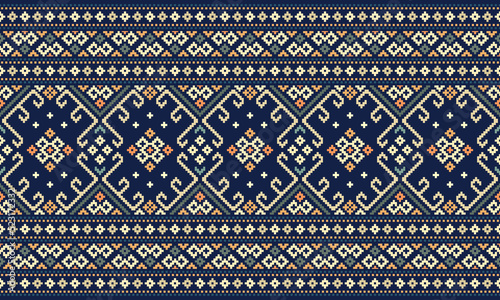 Ethnic Patterns. Cross Stitch Embroidery. Native Style. Traditional Design for texture, textile, fabric, clothing, Knitwear, print. Geometric Pixel Horizontal Seamless Vector. Blue, White, Dark Green.