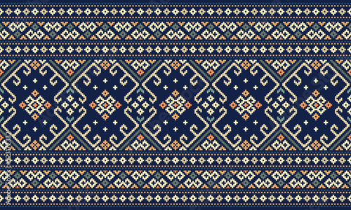 Ethnic Patterns. Cross Stitch Embroidery. Native Style. Traditional Design for texture, textile, fabric, clothing, Knitwear, print. Geometric Pixel Horizontal Seamless Vector. Blue, White, Dark Green. photo