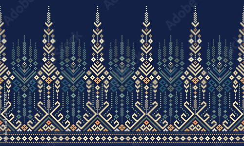 Ethnic Patterns. Cross Stitch Embroidery. Native Style. Traditional Design for texture, textile, fabric, clothing, Knitwear, print. Geometric Pixel Horizontal Seamless Vector. Blue, White, Dark Green.