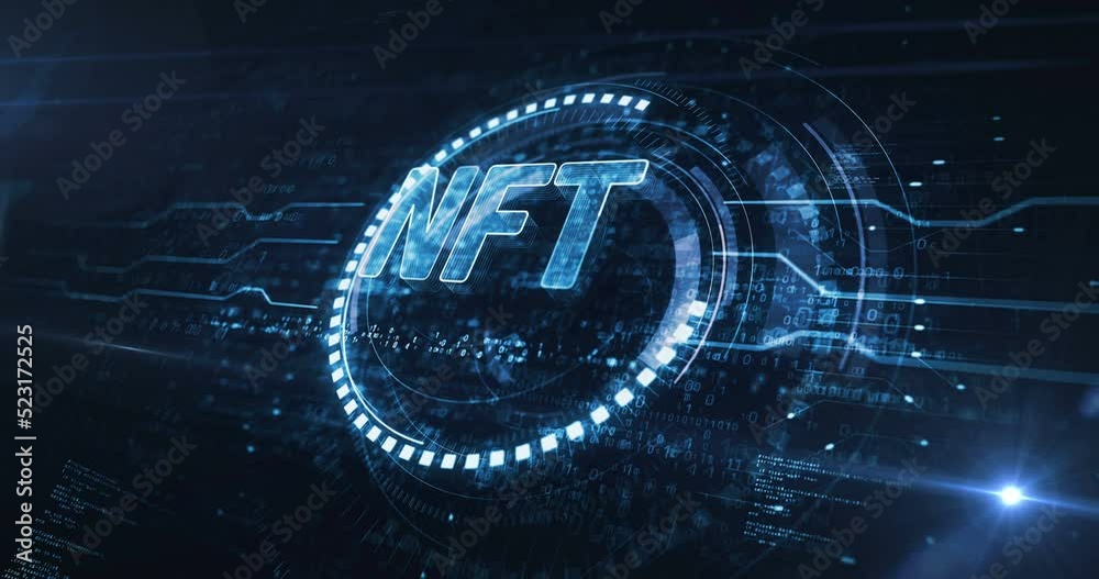 NFT Non-Fungible Token and digital collectibles symbol digital concept. Network, cyber technology and computer background abstract 3d animation. Seamless and loopable.