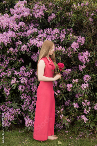 art portrait of girl in pink dress with flowers near rhododendron bush photo