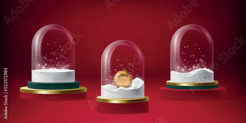 3d christmas background with snow balls. Merry xmas, new year glass globes, red light decoration render. Blank dome set. Empty transparent elements, holiday toys. Vector minimal illustration