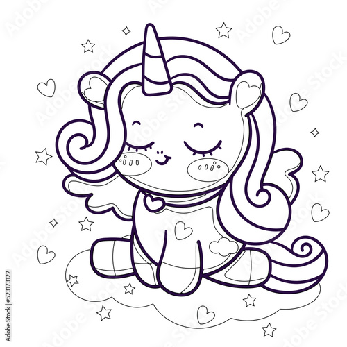 Cute cartoon unicorn. Black and white vector unicorn  illustration for coloring book for kids, Creepy Kawaii , cute pastel 