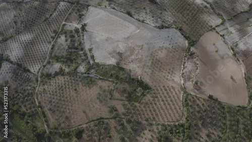 Aerial Drone view of Green Fields, Hills and Trees in a with Small Houses. Turkey.