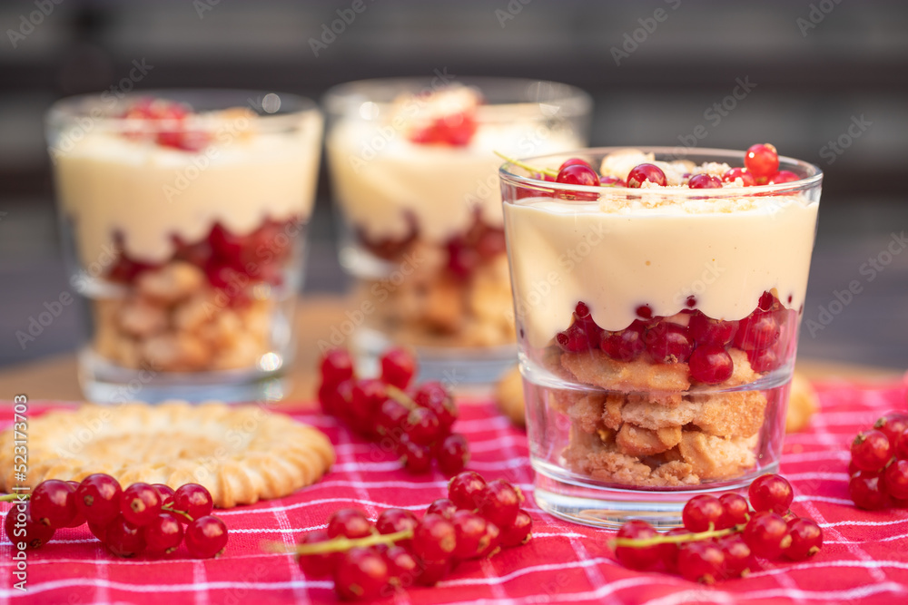 Dessert mit Johannisbeeren, Vanillepudding und Keks auf roter Tischdecke