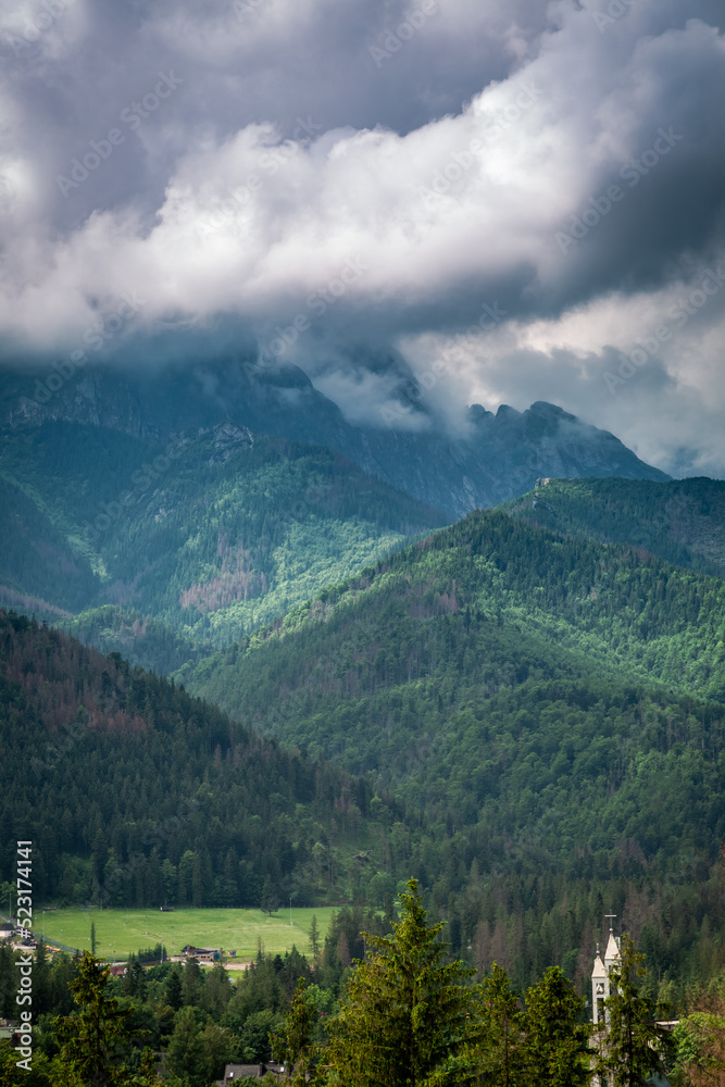 Obraz premium Cloudy Mount Giewont in Tatras view from Zakopane, Poland