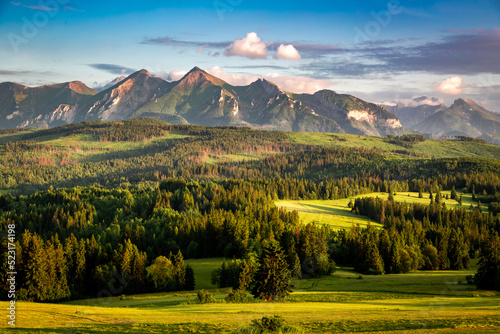 Fototapeta Naklejka Na Ścianę i Meble -  Tatra mountains and forest at sunset in summer Poland