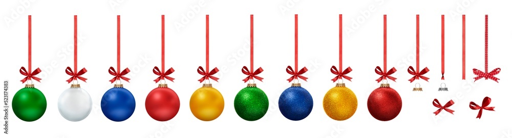 A collection of colourful Christmas Bauble decorations in Matte and Glitter hanging from red ribbon bows with each design element isolated against a transparent background.