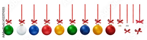 Obraz na płótnie A collection of colourful Christmas Bauble decorations in Matte and Glitter hanging from red ribbon bows with each design element isolated against a transparent background. w salonie