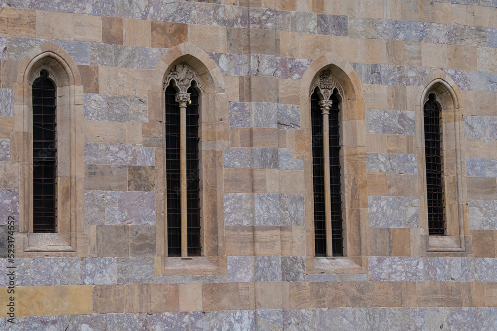 Details and window decoration of Medieval Monastery and orthodox Church Visoki Decani, one of the most important Serbian monastery. UNESCO world heritage site in Decani, Kosovo, Serbia 05.03.2022 Details and window decoration of Medieval Monastery and orthodox Church Visoki Decani, one of the most important Serbian monastery. UNESCO world heritage site in Decani, Kosovo, Serbia 05.03.2022