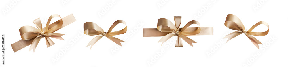 A collection of gold ribbon bows for Christmas, birthday and valantines presents isolated against a transparent background.