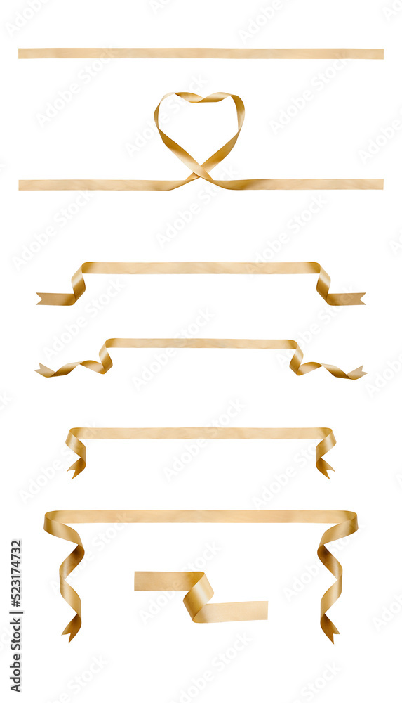 A set of curly gold ribbon for Christmas and birthday present isolated against a transparent background.
