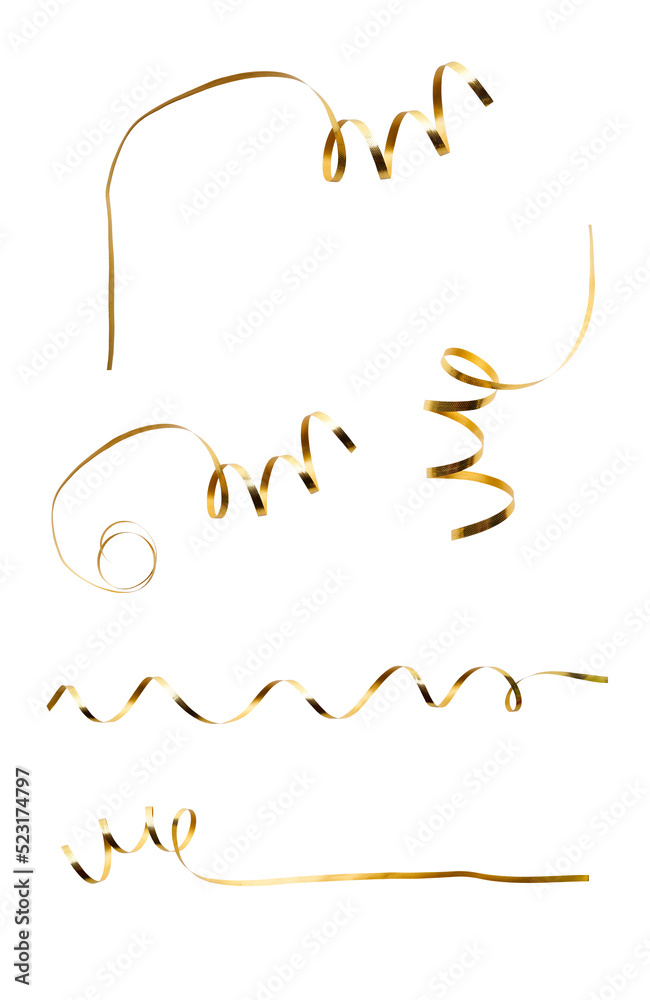 A thin curly gold ribbon collection for Christmas and birthday present banner isolated against a transparent background.