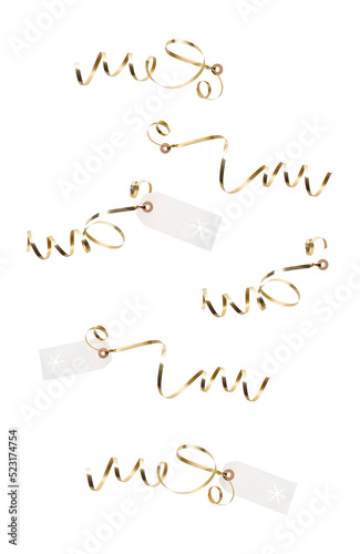 Obraz na płótnie A collection of gift tags and label template with gold ribbon attached to add to presents, Christmas or birthday gifts isolated against a transparent background w salonie