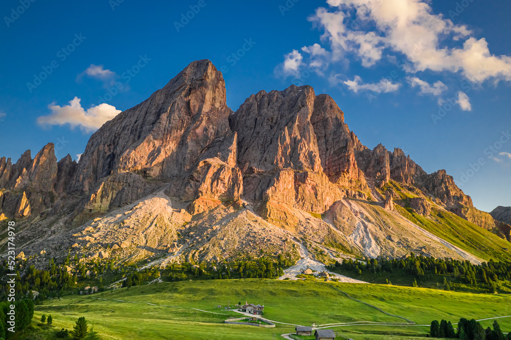 Passo delle Erbe in Dolomites at sunset, aerial view