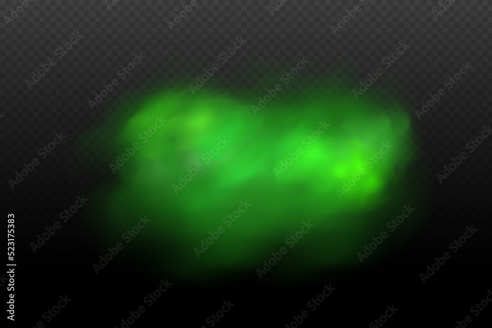 Dust green poisonous cloud with particles with dirt,cigarette smoke and smog. Realistic vector isolated on transparent background. Concept air pollution,big explosion.