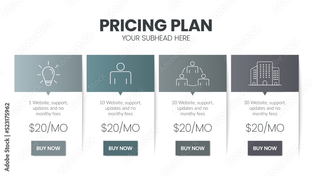 Modern creative pricing subscription plan table template with minimal line icon style. UI UX interface design elements. Infographic design element with option plans for website or presentation vector.