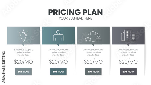 Modern creative pricing subscription plan table template with minimal line icon style. UI UX interface design elements. Infographic design element with option plans for website or presentation vector.