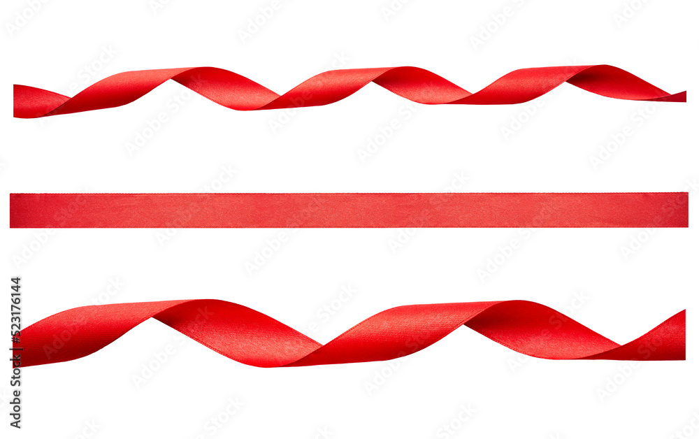 A set of curly red ribbon for Christmas and birthday present isolated against a transparent background.