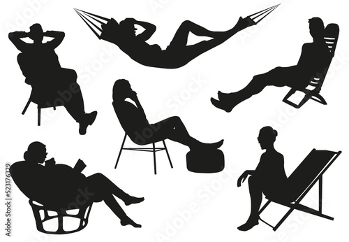 Set of silhouettes of resting people. Vector set. People spend their leisure time.
