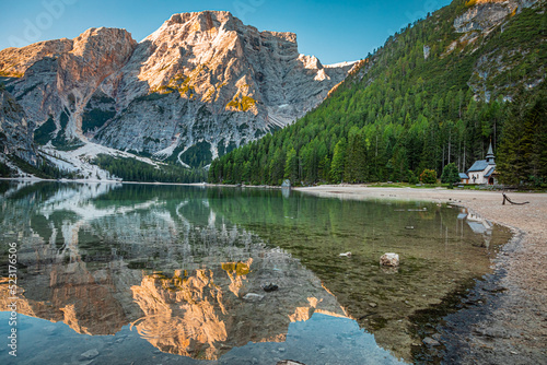 Lago di Braies in Dolomites at sunrise in Italy