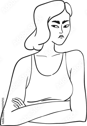 Disgruntled doodle girl. Young woman looks incredulously with her arms crossed. Grumpy person vector sketch isolated on white background. photo