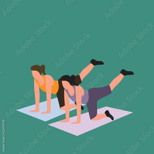 Simple Vector illustration drawing of two young sporty women working out pose pilates push up together in the fitness gym center. Healthy fitness sport concept. Modern design vector illustration