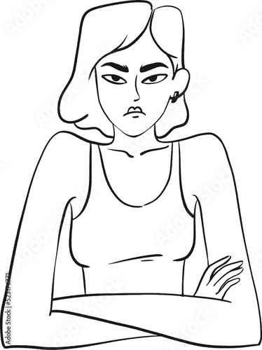 Grumpy doodle girl. A young woman looks displeased with her arms crossed. Wayward person vector sketch isolated on white background.