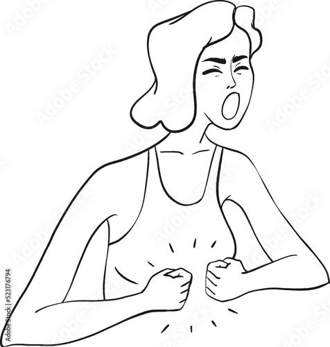 Hysterical doodle girl. A young woman screams loudly with her hands clenched into a fist. Vector sketch of a moody and annoyed person isolated on a white background.
