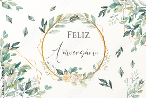 cartão ou banner para desejar um feliz aniversário em verde em um círculo e um diamante dourado com flores e folhas em um fundo cru com galhos de folhas verdes photo