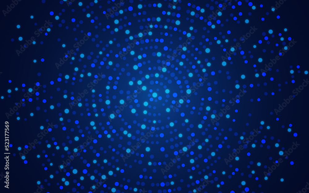 Blue neon vector abstract background of circular dots. Texture of particles. Random maze, puzzle. Chaotic ornament. Circular pattern of point. Design of banner, poster website, frames social networks